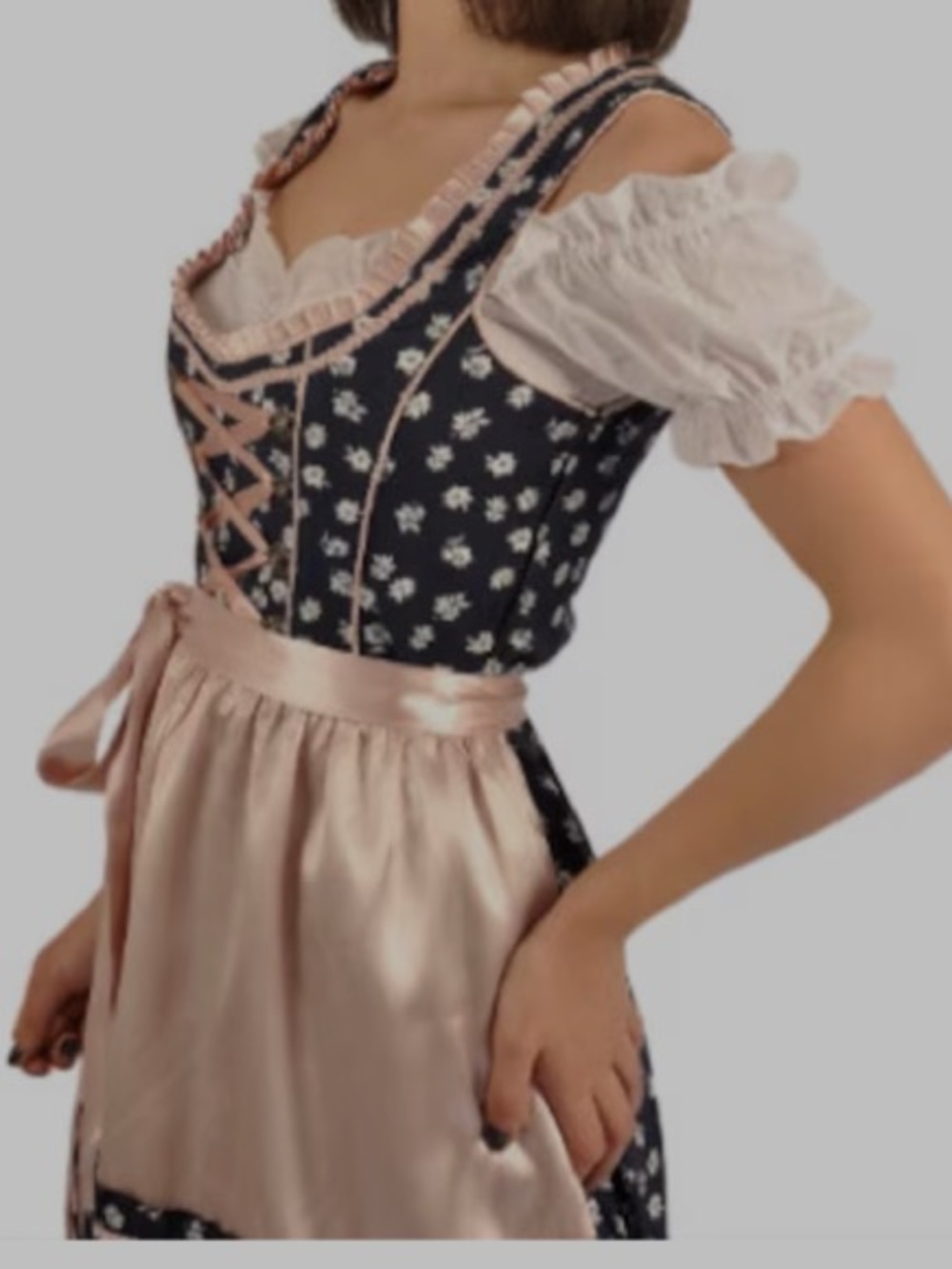 Navy Floral Lace-Up Dirndl Dress with Pink Trim